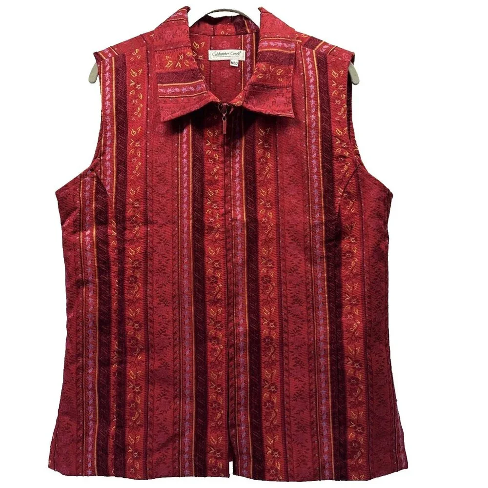 Coldwater Creek Tapestry Vest Women's Size Medium Red Colorful Full Zip‎ Lined